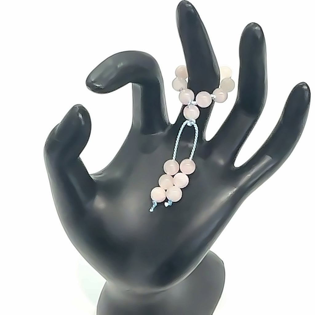 Hand-Knotted Mala Gemstone Rings Rose Quartz on white front view