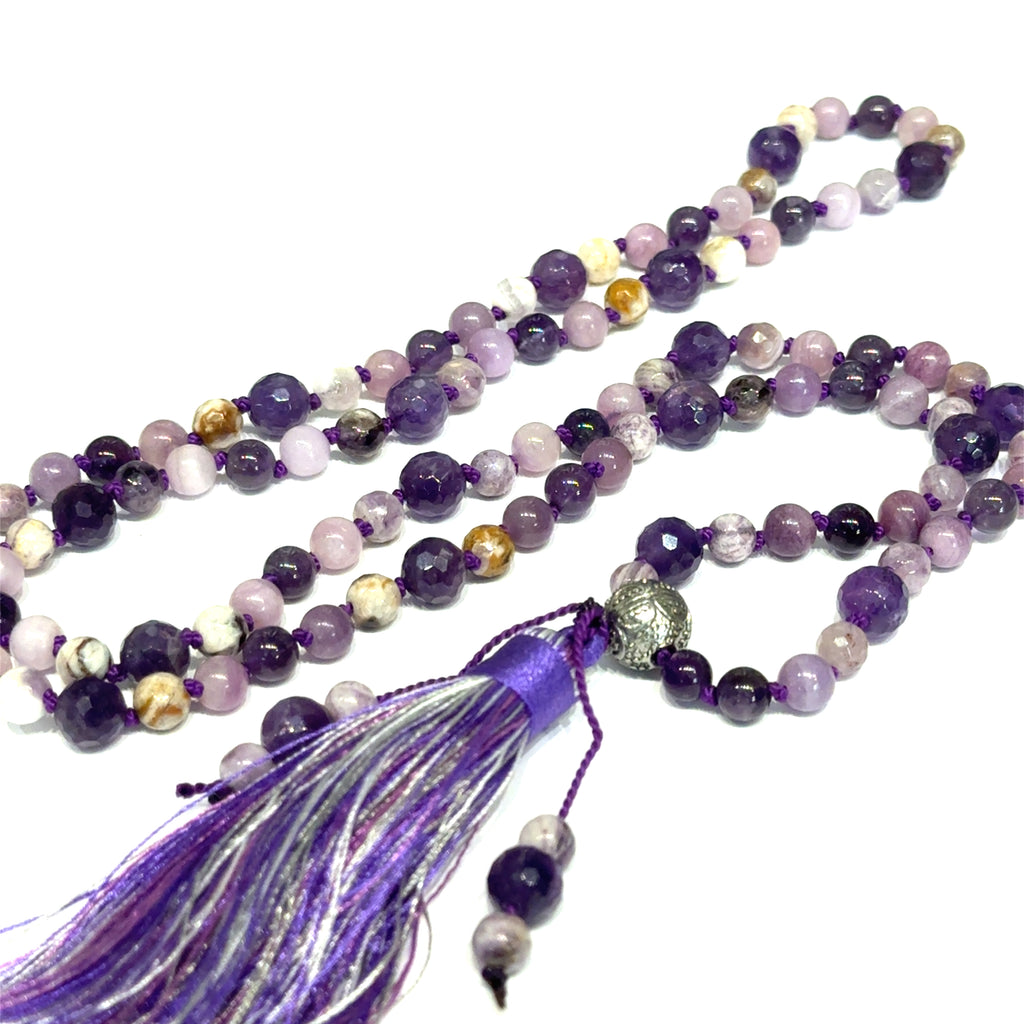 Hand‑Knotted Mala Necklace on white bottom close up overview