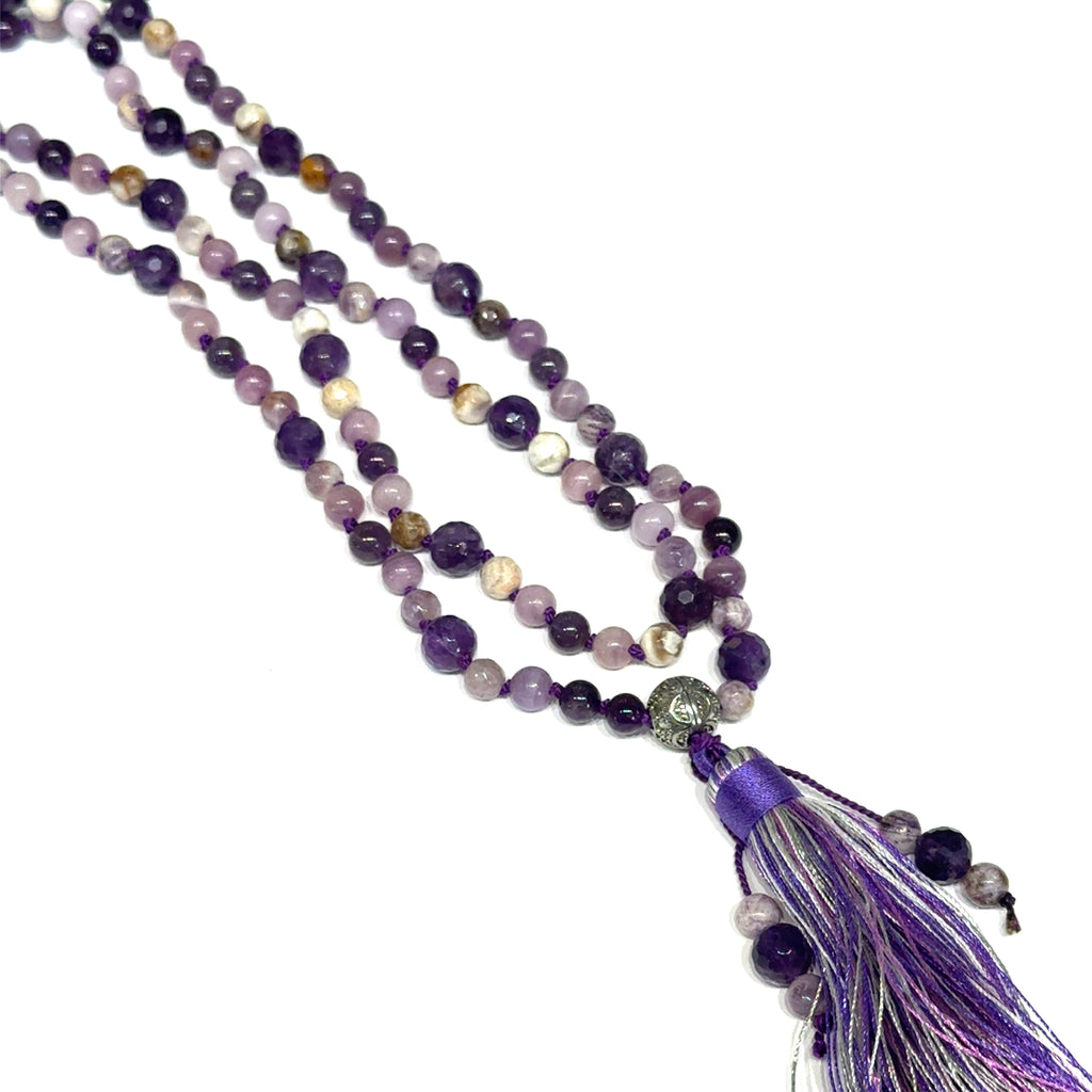 Hand‑Knotted Mala Necklace on white long angled overview