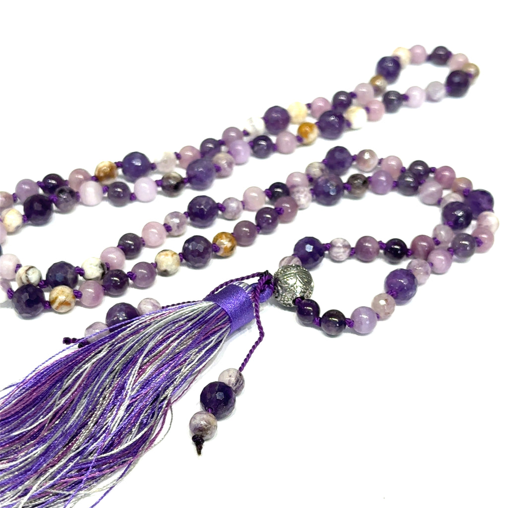 Hand‑Knotted Mala Necklace on white long center close up overview