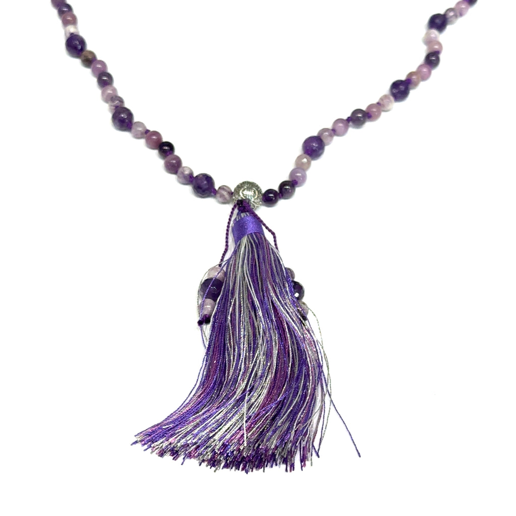 Hand‑Knotted Mala Necklace on white long center hanging overview