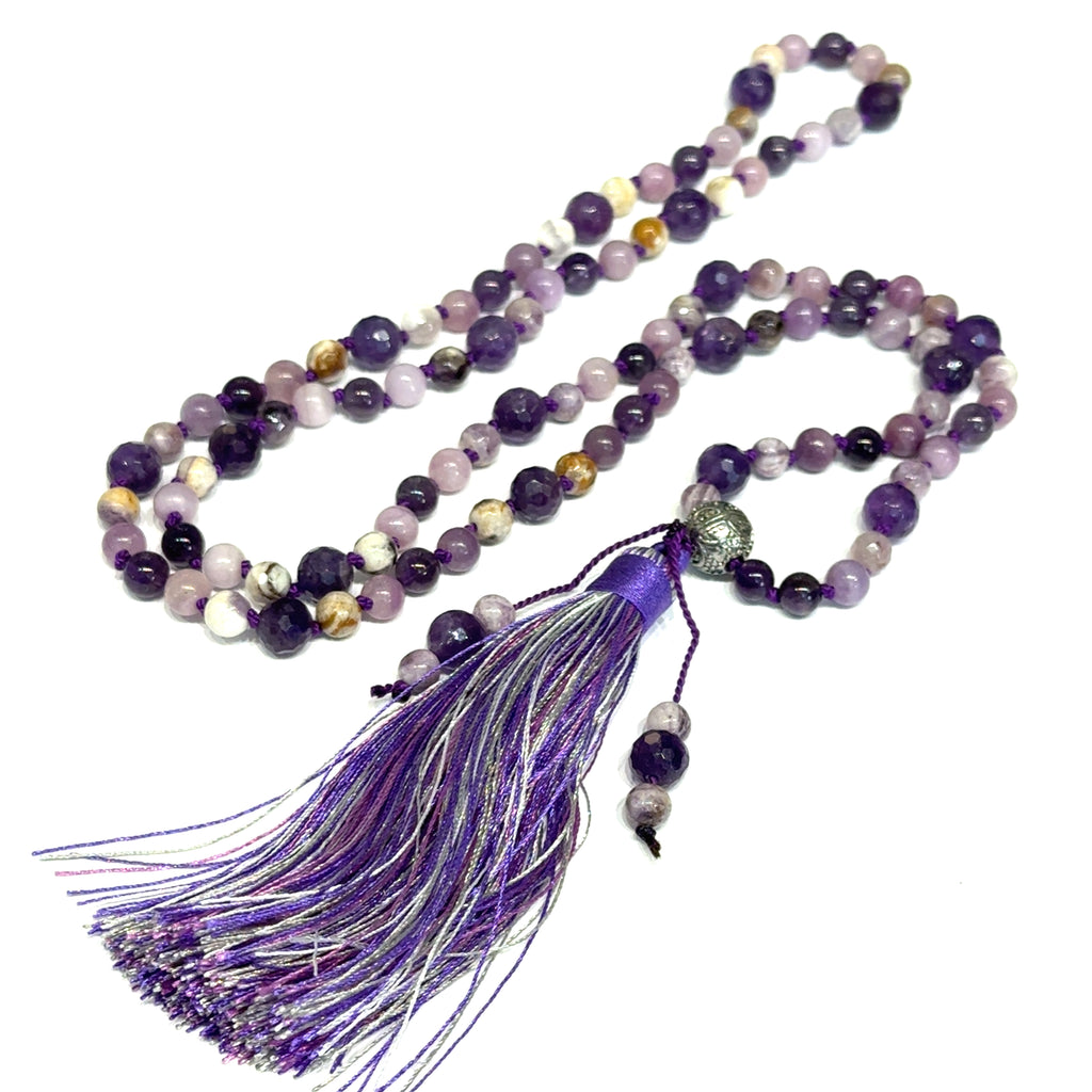 Hand‑Knotted Mala Necklace on white long center overview