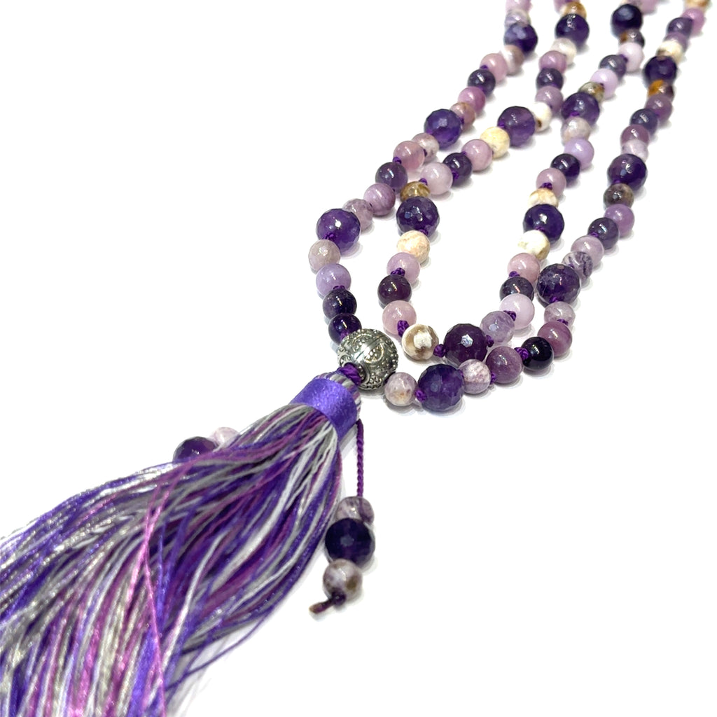 Hand‑Knotted Mala Necklace on white long right angled overview