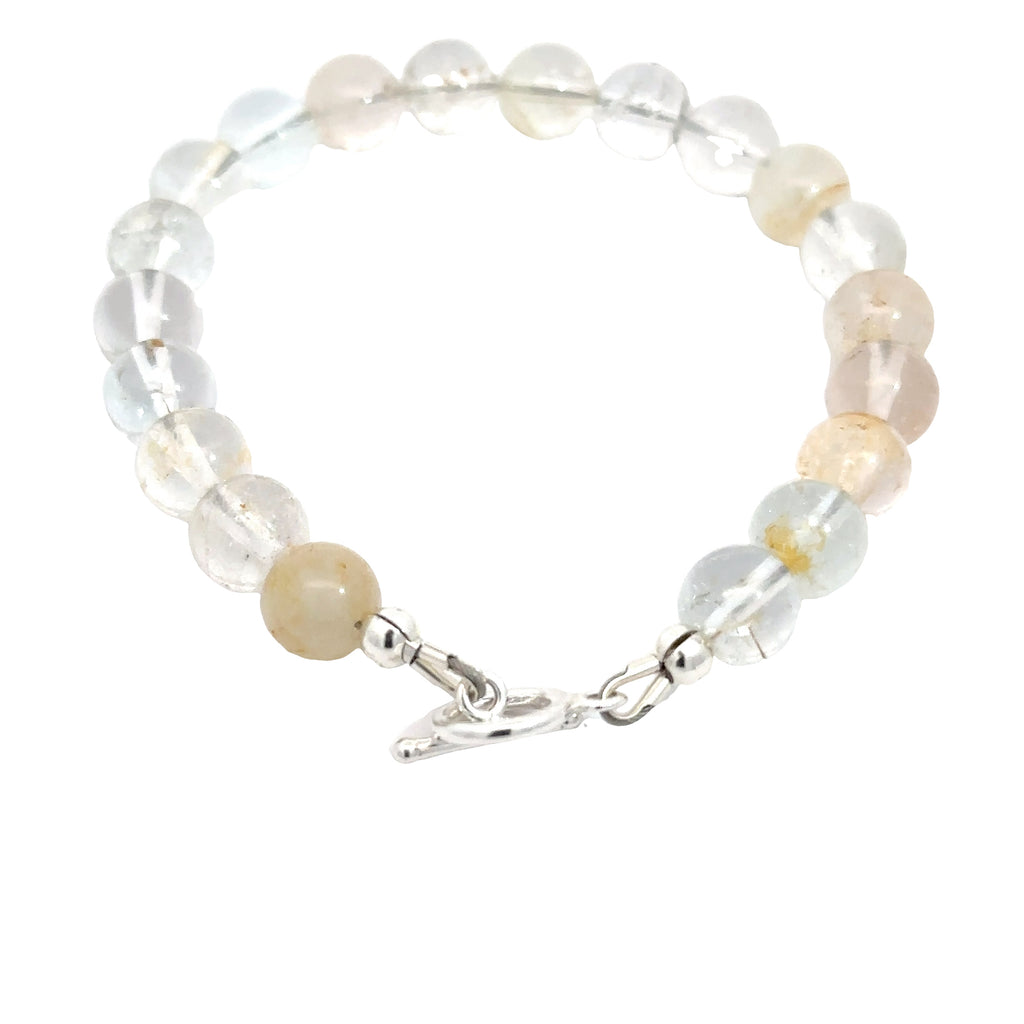Hand‑crafted Blue Topaz bracelet with Beadlon wire and positive intentions on white backside close up overview