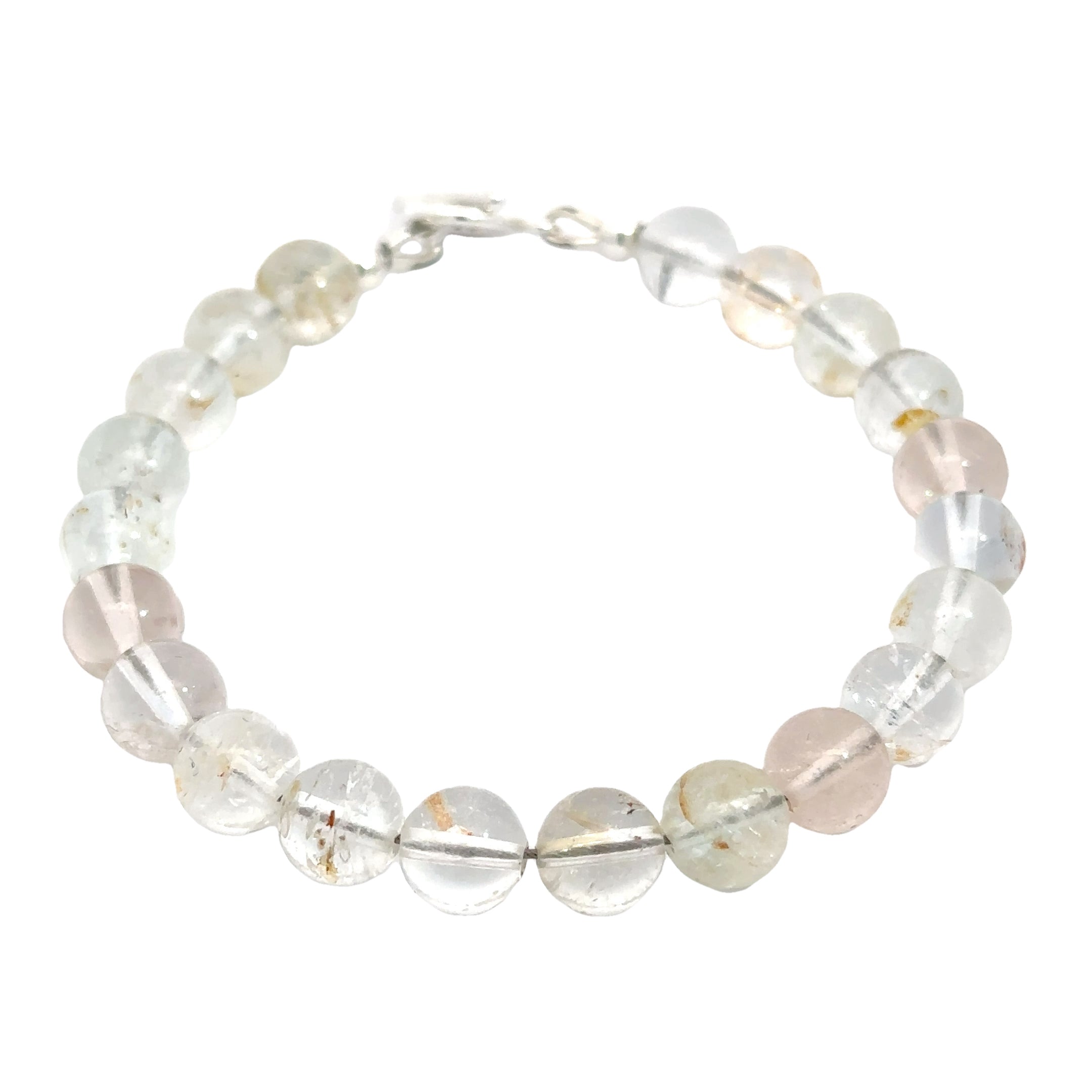 Hand‑crafted Blue Topaz bracelet with Beadlon wire and positive intentions on white front overview