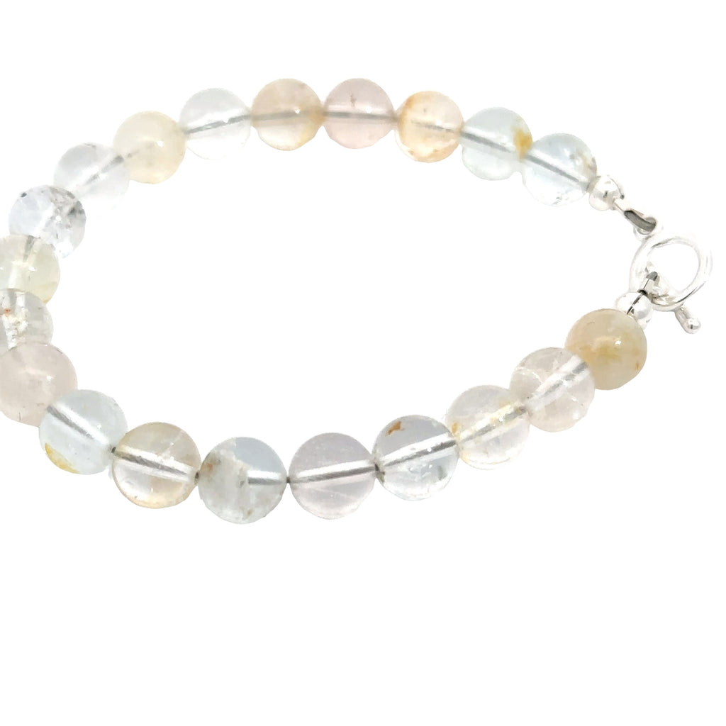 Hand‑crafted Blue Topaz bracelet with Beadlon wire and positive intentions on white right side overview