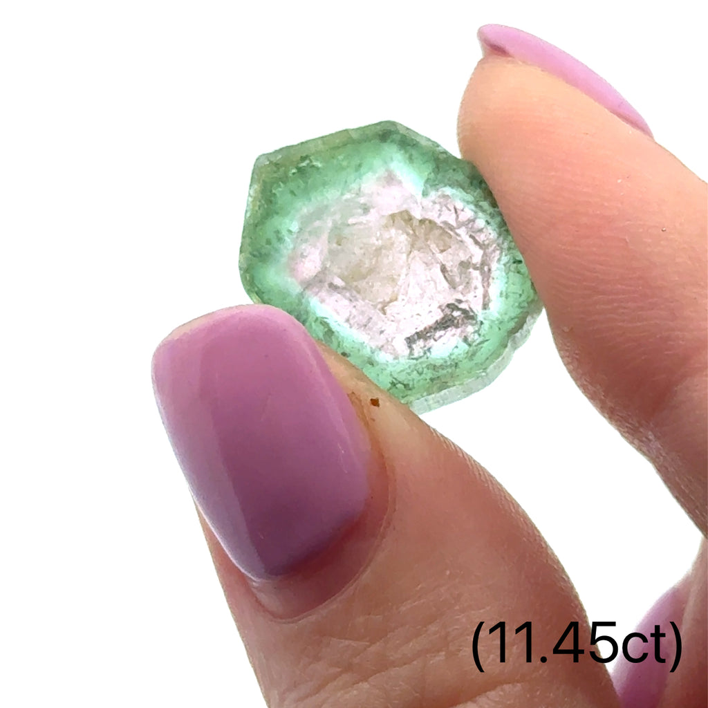 Hand holding raw Watermelon Tourmaline crystal (11.45ct) with gentle lighting. up close front view on white background.