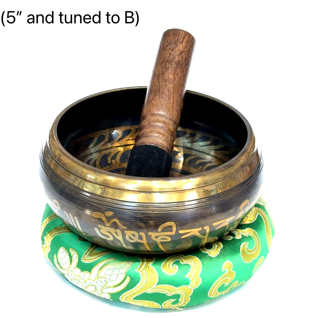 Hand‑selected Himalayan singing bowl for sound healing and chakra balancing on white (5'' and tuned to B) front view