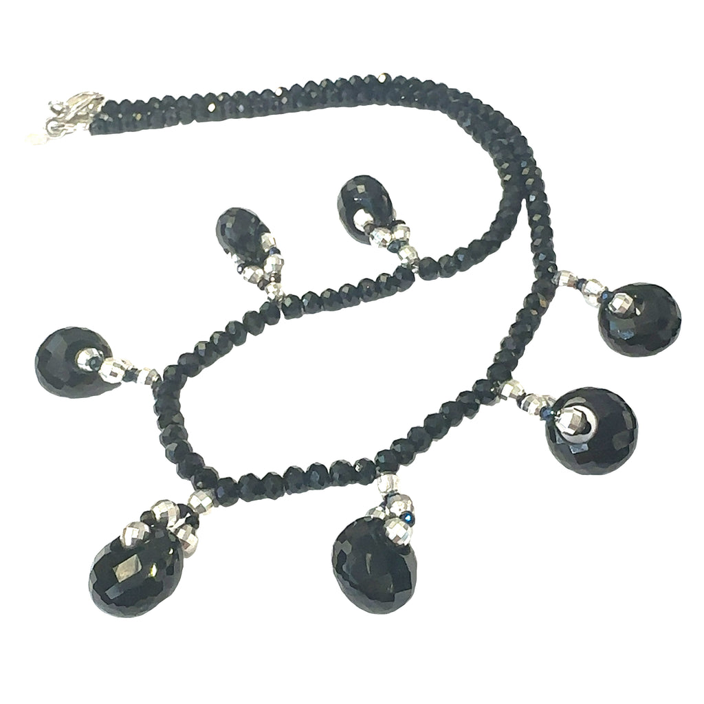 Handmade Black Tourmaline & Black Spinel beaded necklace with sterling silver beads, 16.5 inches on white overview