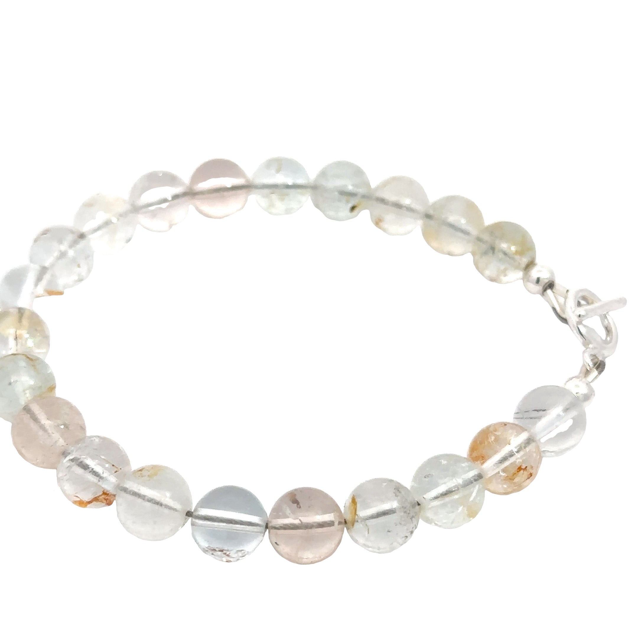 Handmade Blue Topaz gemstone bracelet with sterling silver toggle clasp, November birthstone jewelry on white left side overview