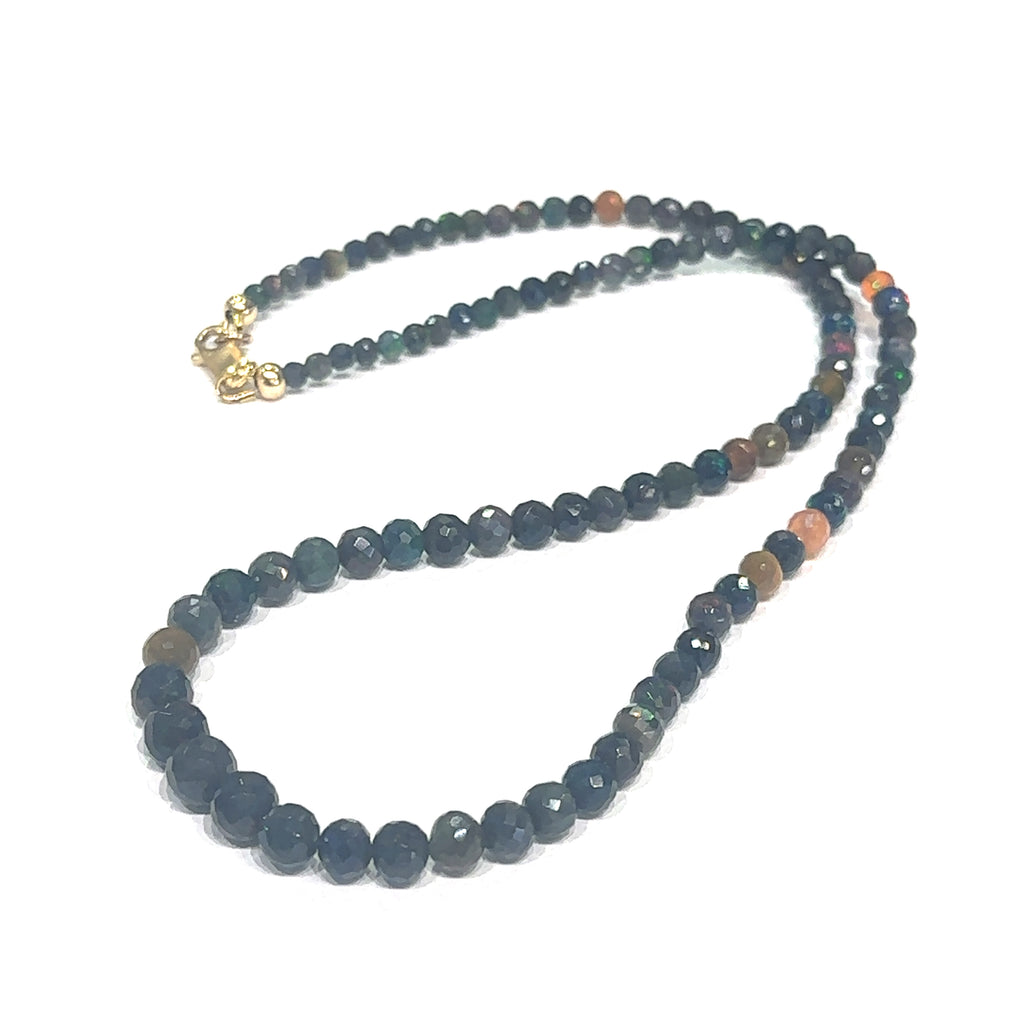 Handmade Ethiopian Black Opal gemstone necklace for special occasions or gifting on white left angle view