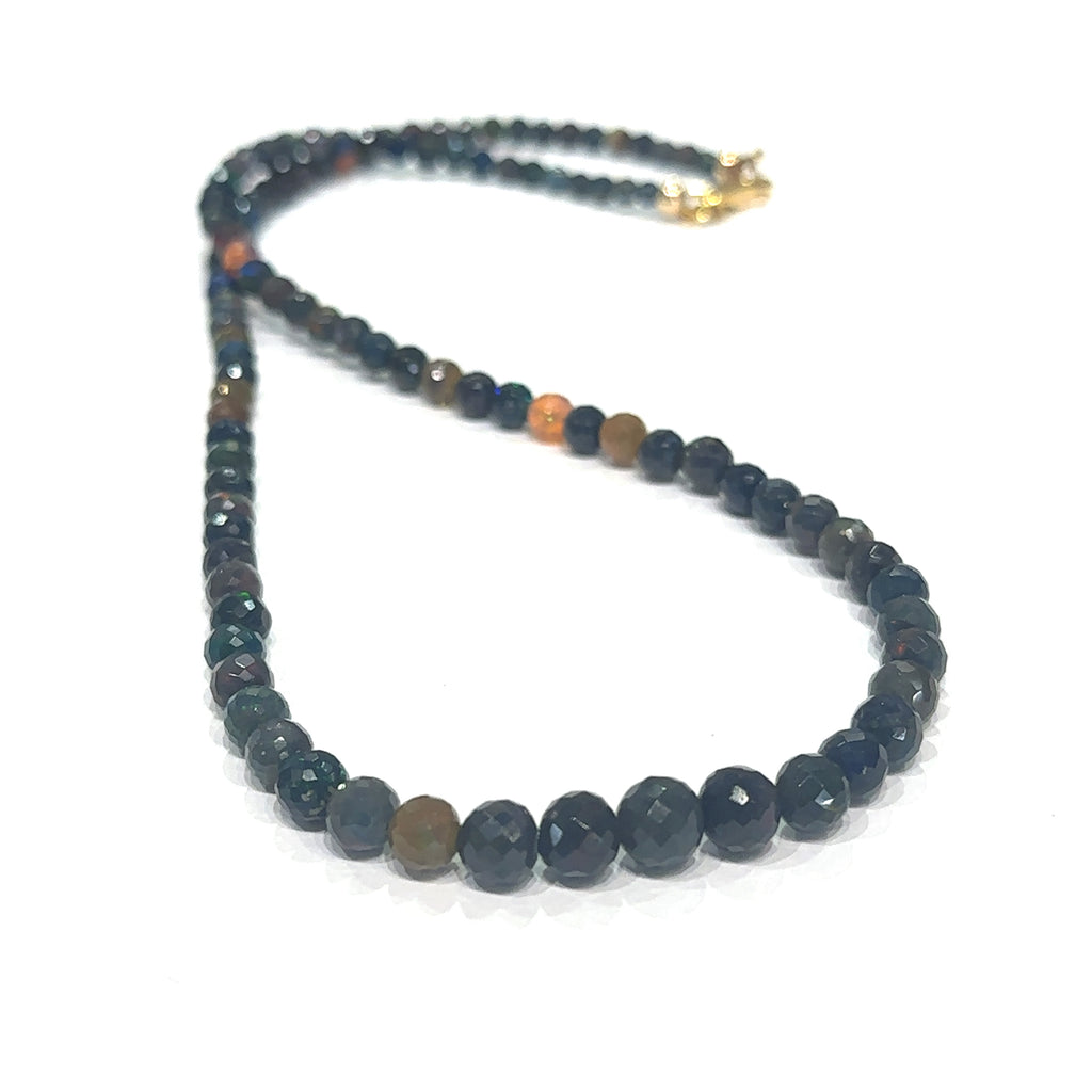 Handmade Ethiopian Black Opal gemstone necklace for special occasions or gifting on white long overview