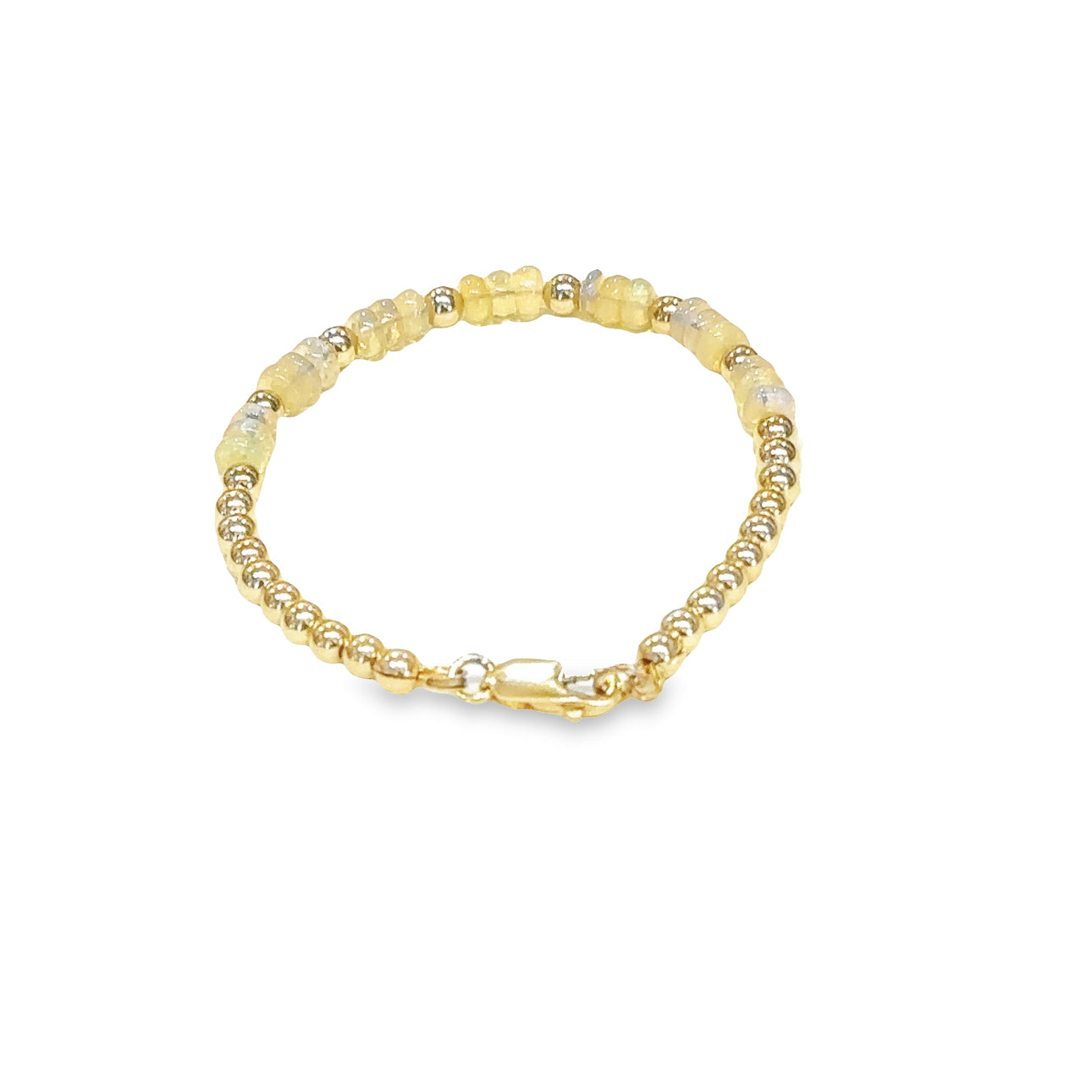 Handmade Ethiopian Opal bracelet perfect for stacking or everyday wear (gold filled beads & opal ) on white back view 