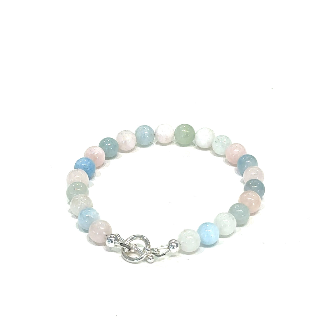 Handmade Morganite beaded bracelet perfect for everyday wear or gifting on white back overview 