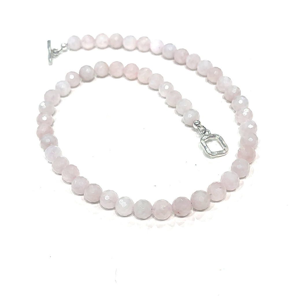 Handmade Rose Quartz gemstone necklace perfect for everyday wear or layering on white spiral view 