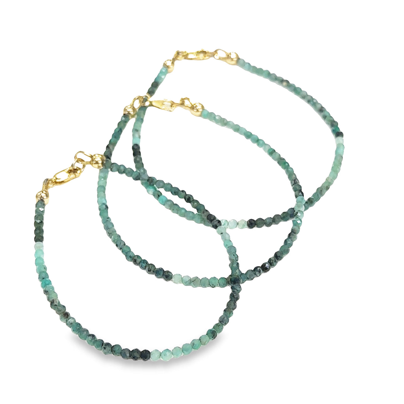 Handmade genuine Emerald gemstone bracelet with gold‑filled lobster clasp, available in 6.5'', 6.75'', and 7.25'' grouping on white front overview