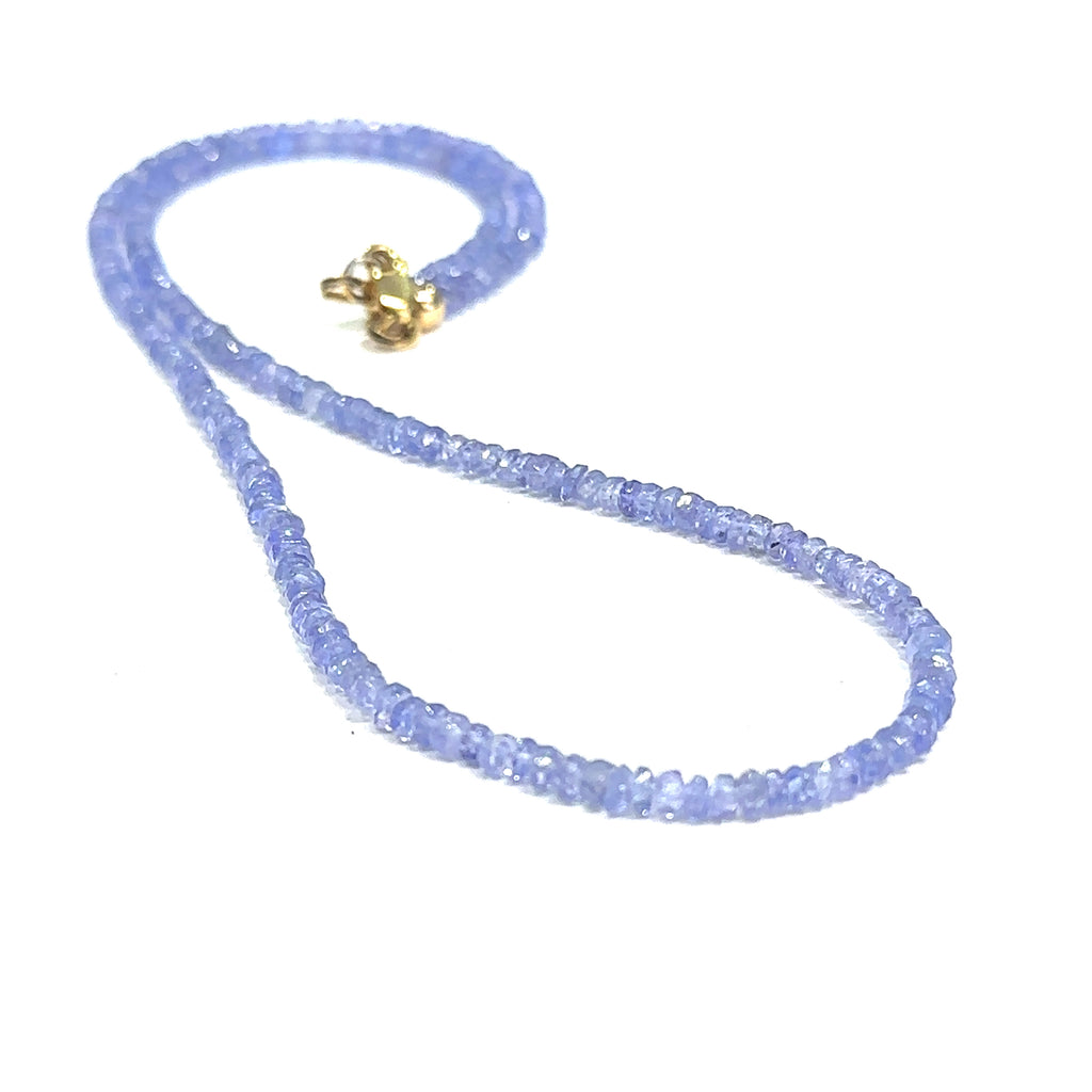 Handmade genuine Tanzanite gemstone necklace with gold‑filled lobster clasp, 17 inches long on white center long overview