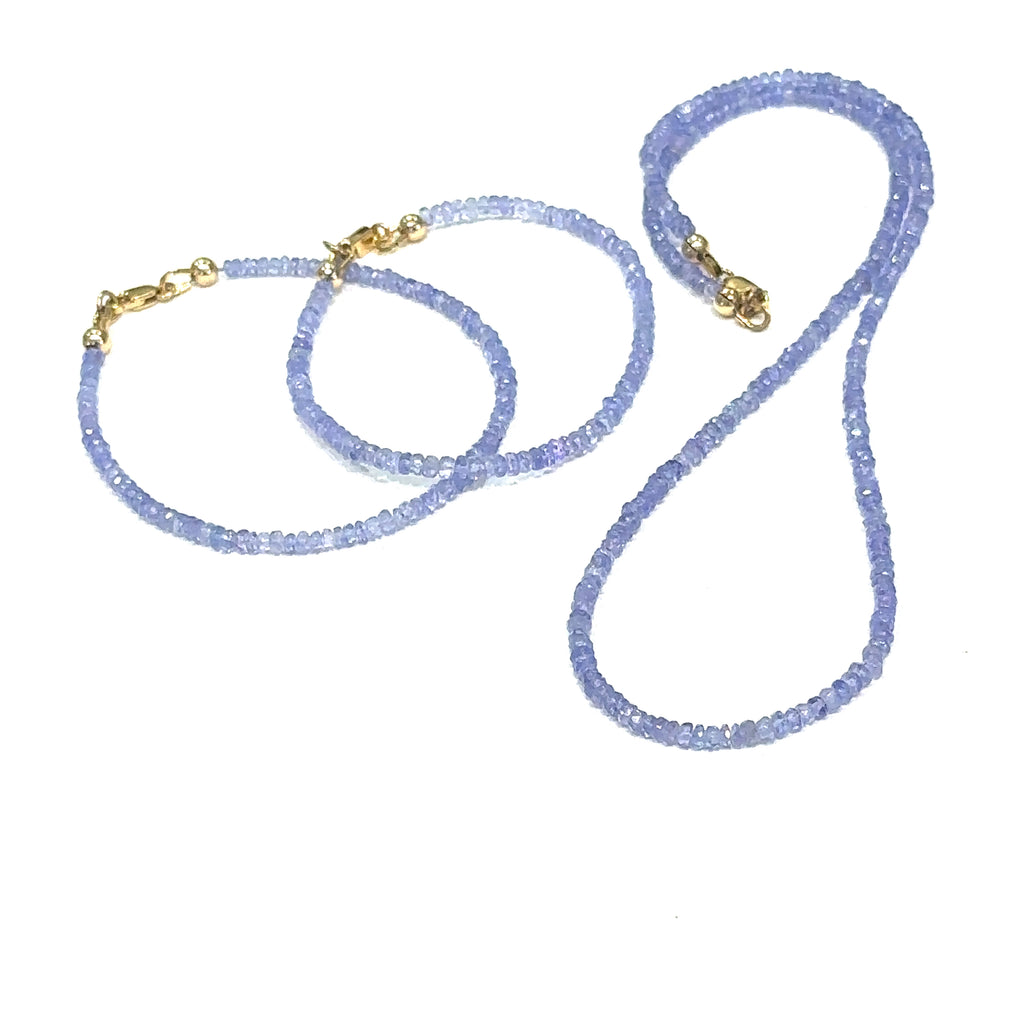 Handmade genuine Tanzanite gemstone necklace with gold‑filled lobster clasp, 17 inches long with matching bracelet on white center long overview