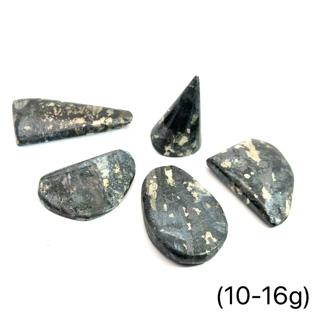 Healers Gold Tumbled Gemstone grouping (10-16g) on white overview