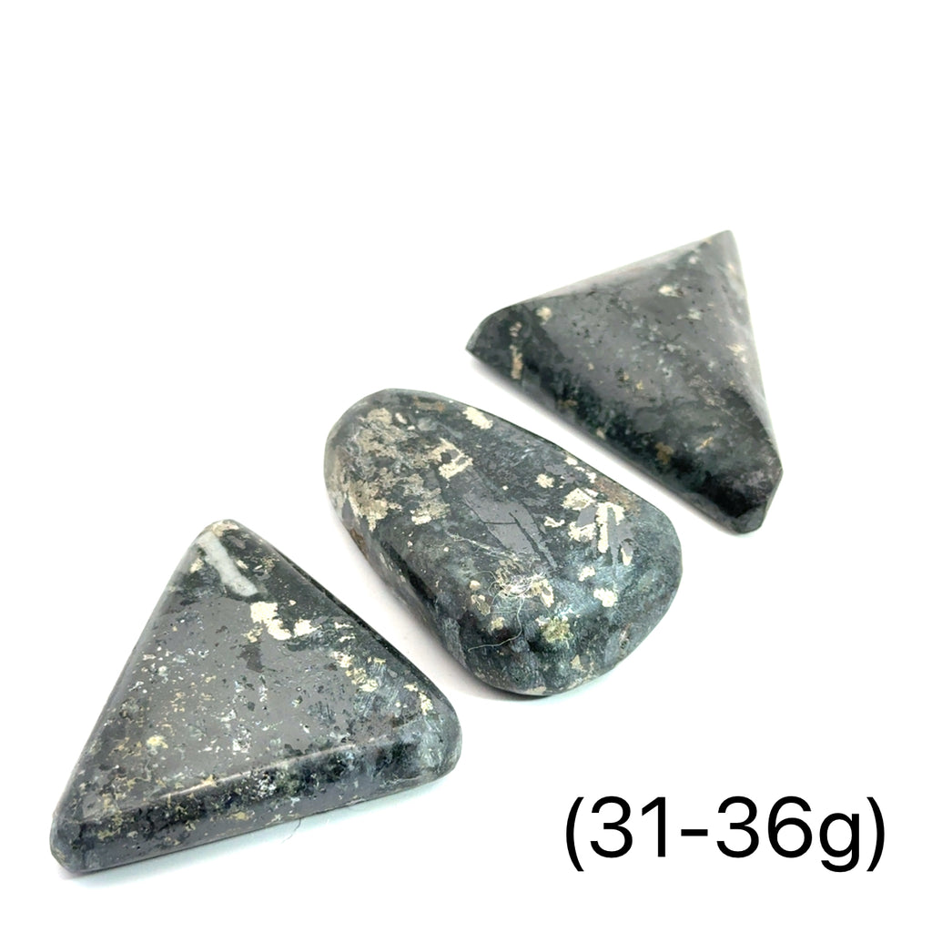 Healers Gold Tumbled Gemstone grouping (31-36g) on white overview