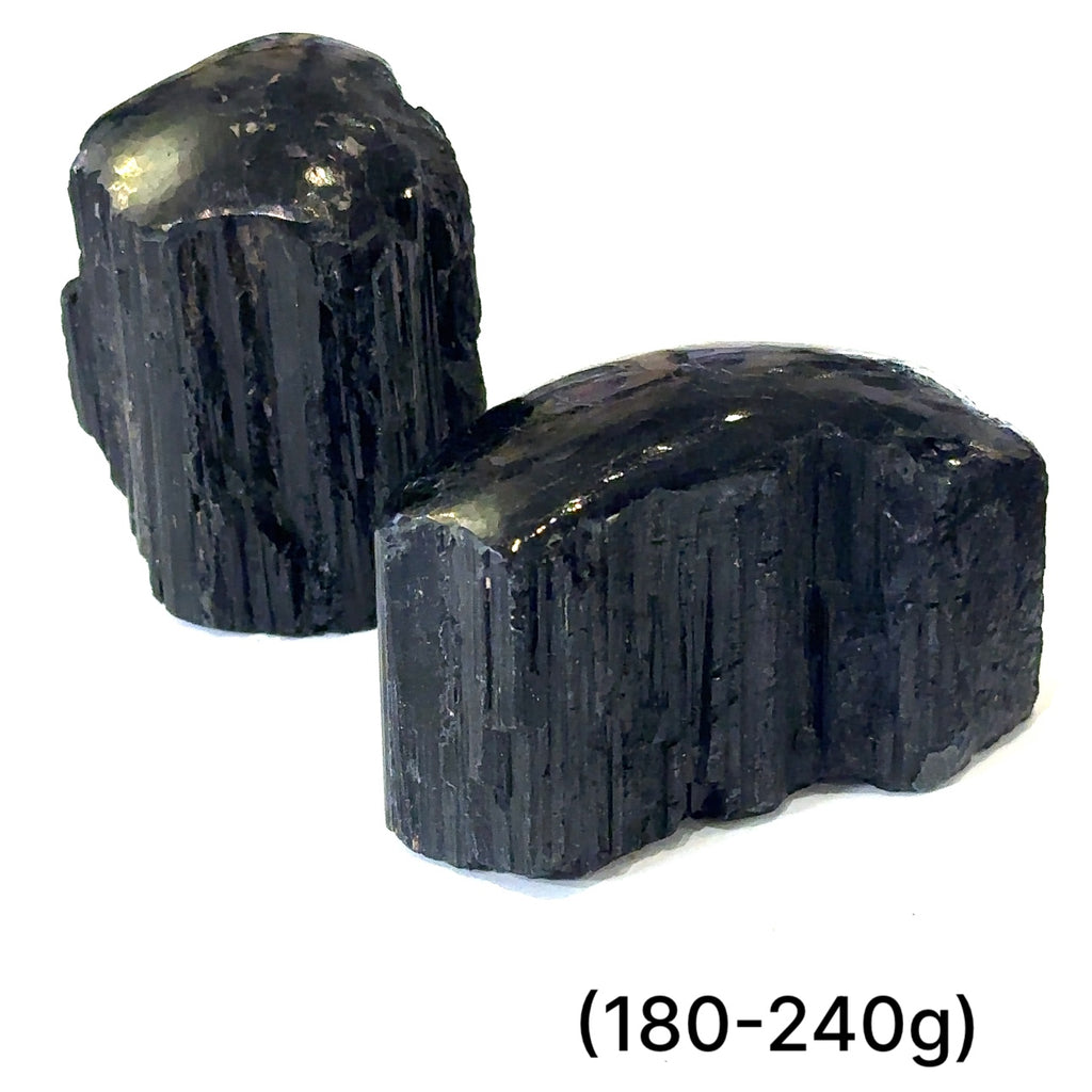 Healing Black Tourmaline crystal for protection, grounding, and calming energy grouping of gemstone (180-240g) on white front overview