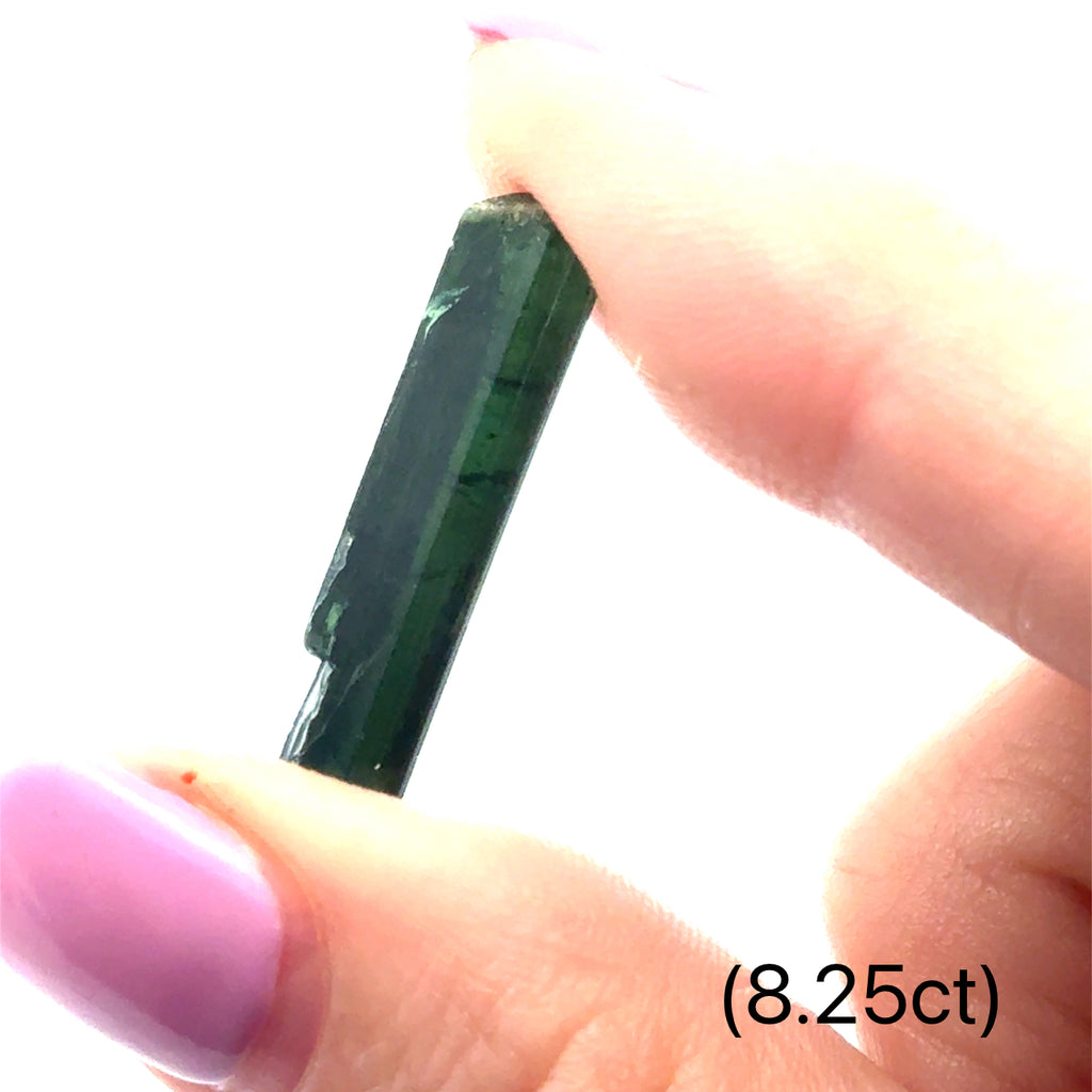 Healing Green Tourmaline crystal for strength, vitality, and wholeness (8.25ct) on white and in finger tips front view