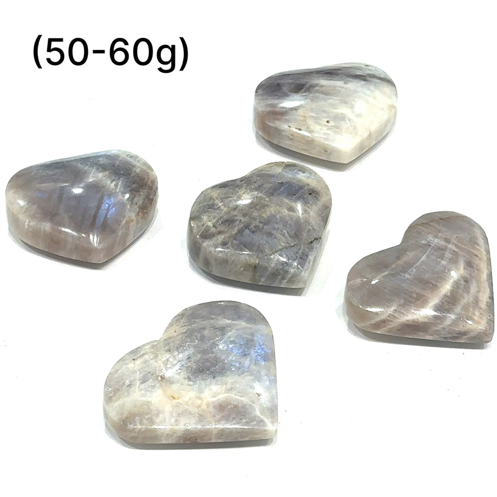 Healing Grey Moonstone gemstone heart for transformation and calming energy grouping of (50-60g) front view