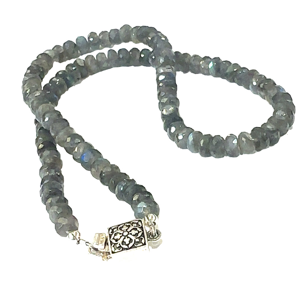 Healing Labradorite beaded necklace for chakra alignment and spiritual growth on white bottom long hanging overview 
