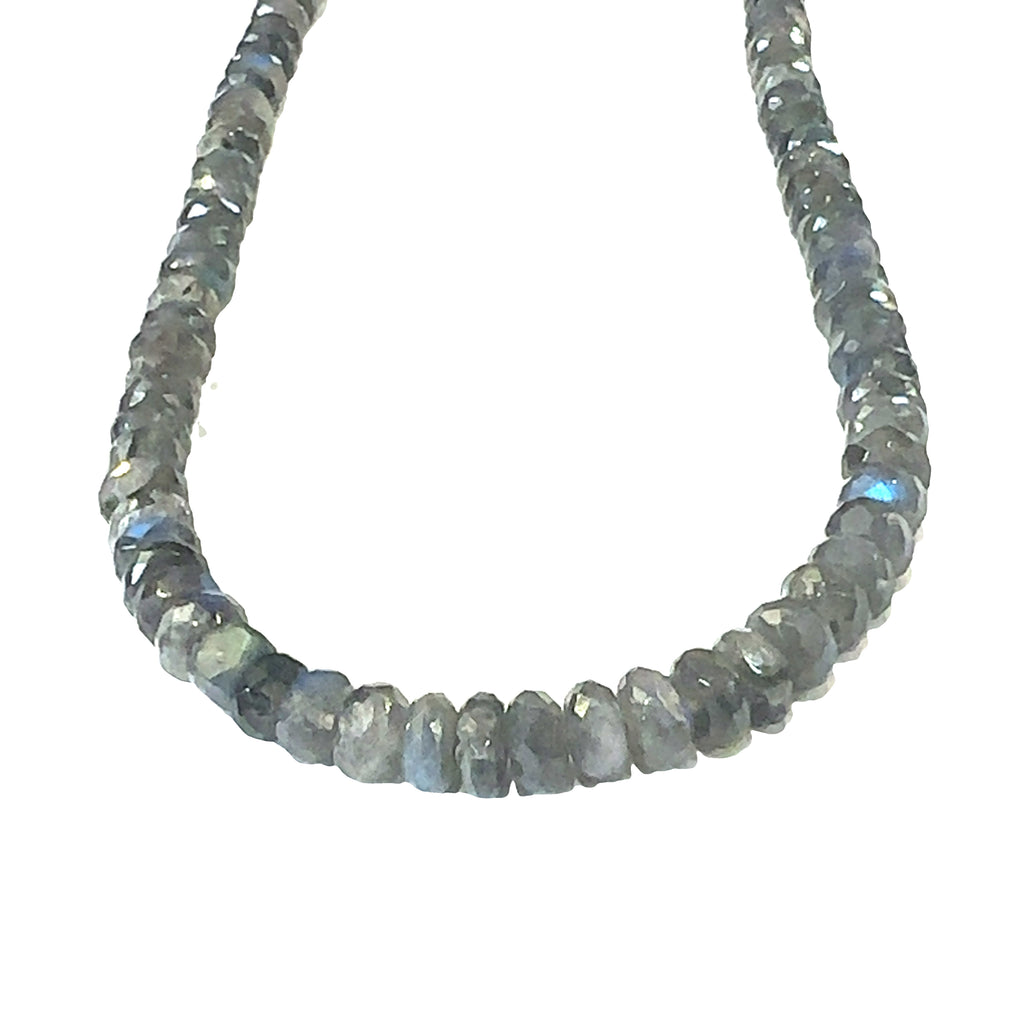 Healing Labradorite beaded necklace for chakra alignment and spiritual growth on white long hanging overview 