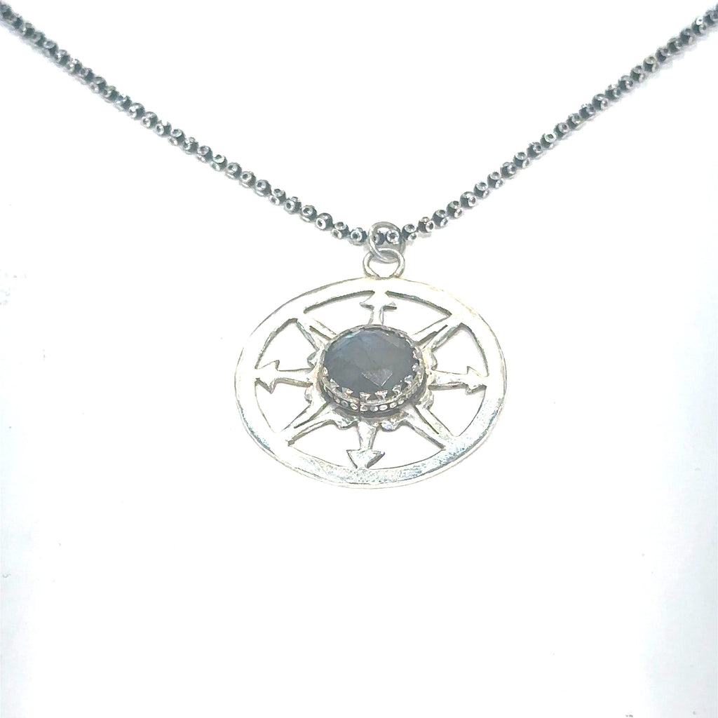 Healing Labradorite compass pendant necklace for chakra alignment and spiritual connection on white center long hanging overview