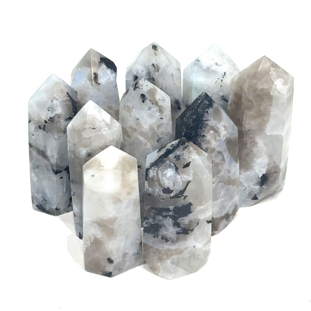 Healing Rainbow Moonstone gemstone tower for meditation and aura balancing on white front overview