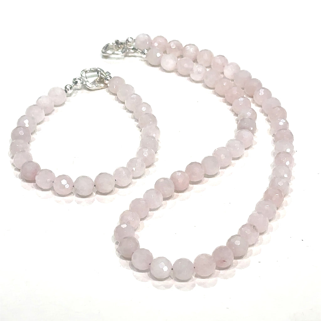 Healing Rose Quartz beaded necklace with matching bracelets available separately on white long overview