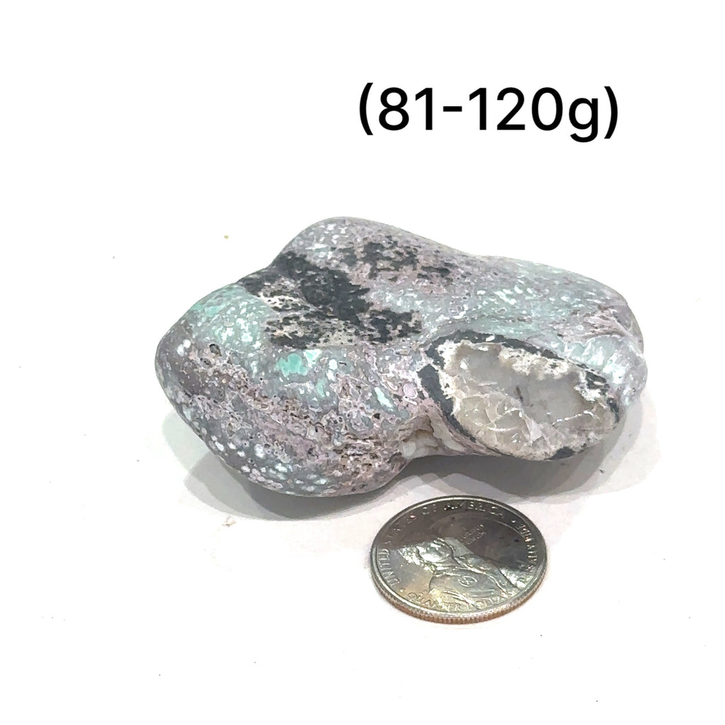 Healing Variscite gemstone with free information card included, grouping (81-120g) on white front overview