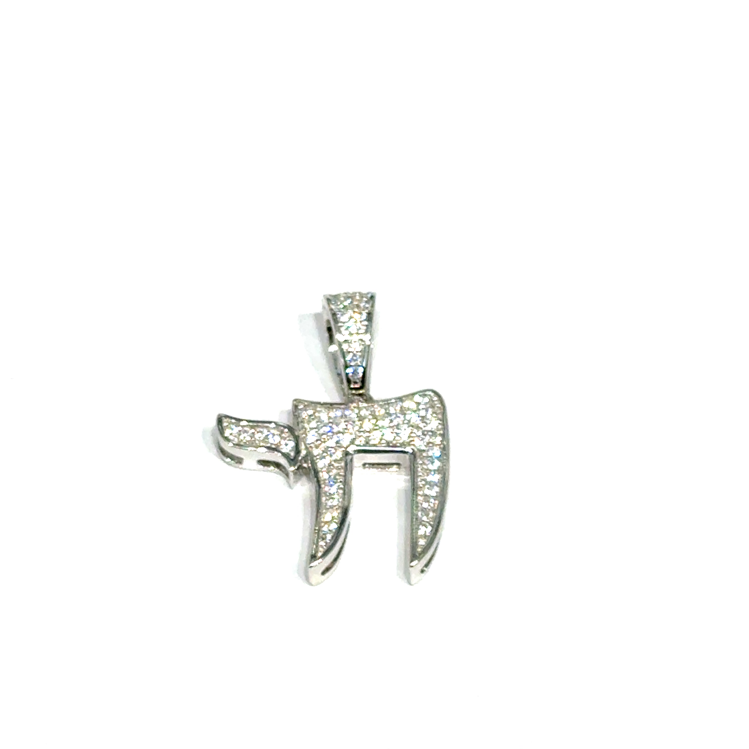 Hebrew Chai life symbol pendant in polished sterling silver with paved CZ detail on a white background, front overview. 