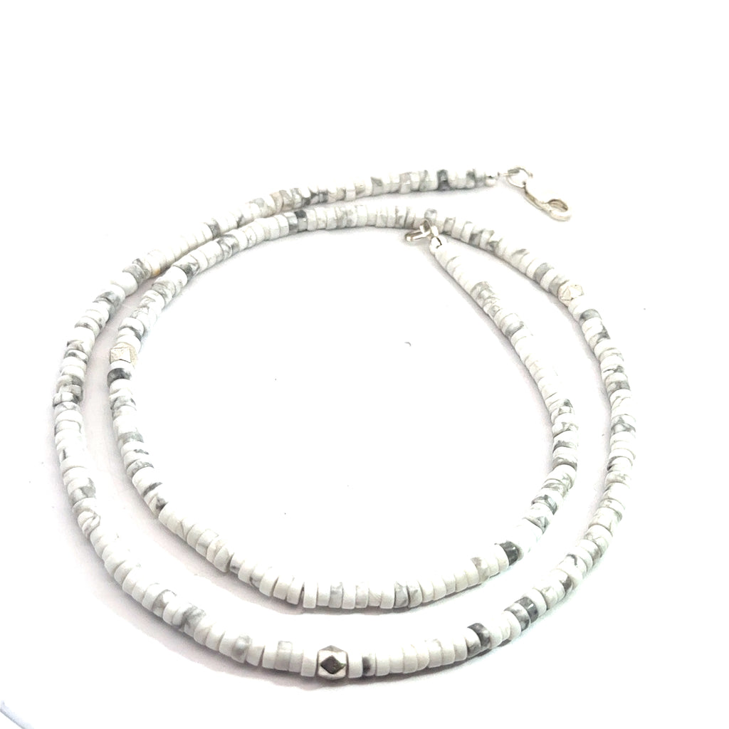 Howlite Gemstone Beaded Necklace  on white front and  center spiral overview