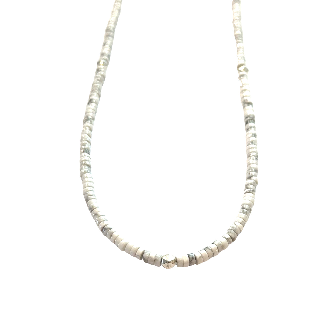 Howlite Gemstone Beaded Necklace  on white front and hanging overview