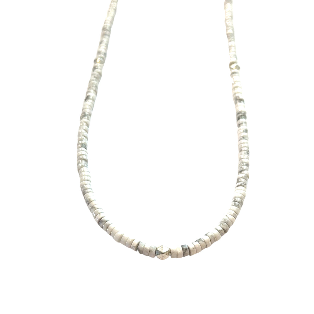 Howlite Gemstone Beaded Necklace  on white front and hanging overview