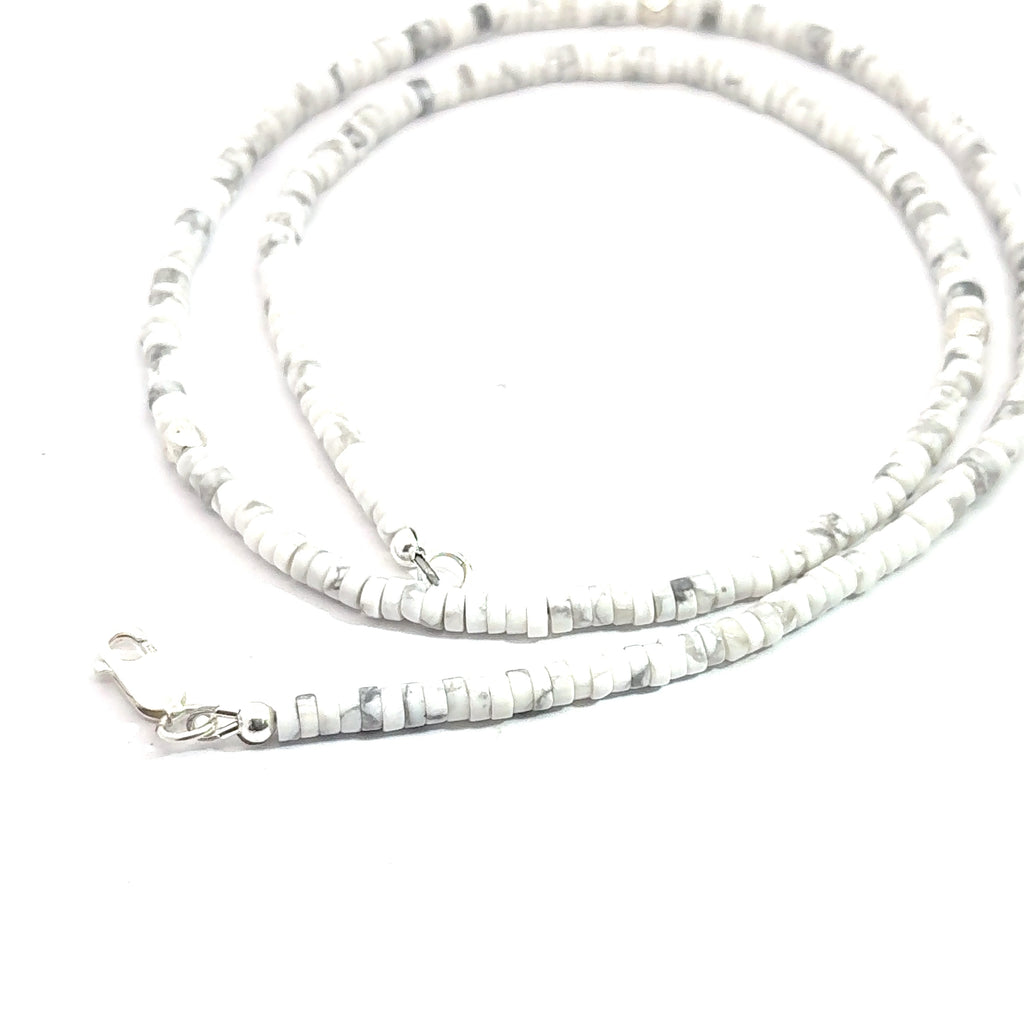 Howlite Gemstone Beaded Necklace  on white front and spiral overview