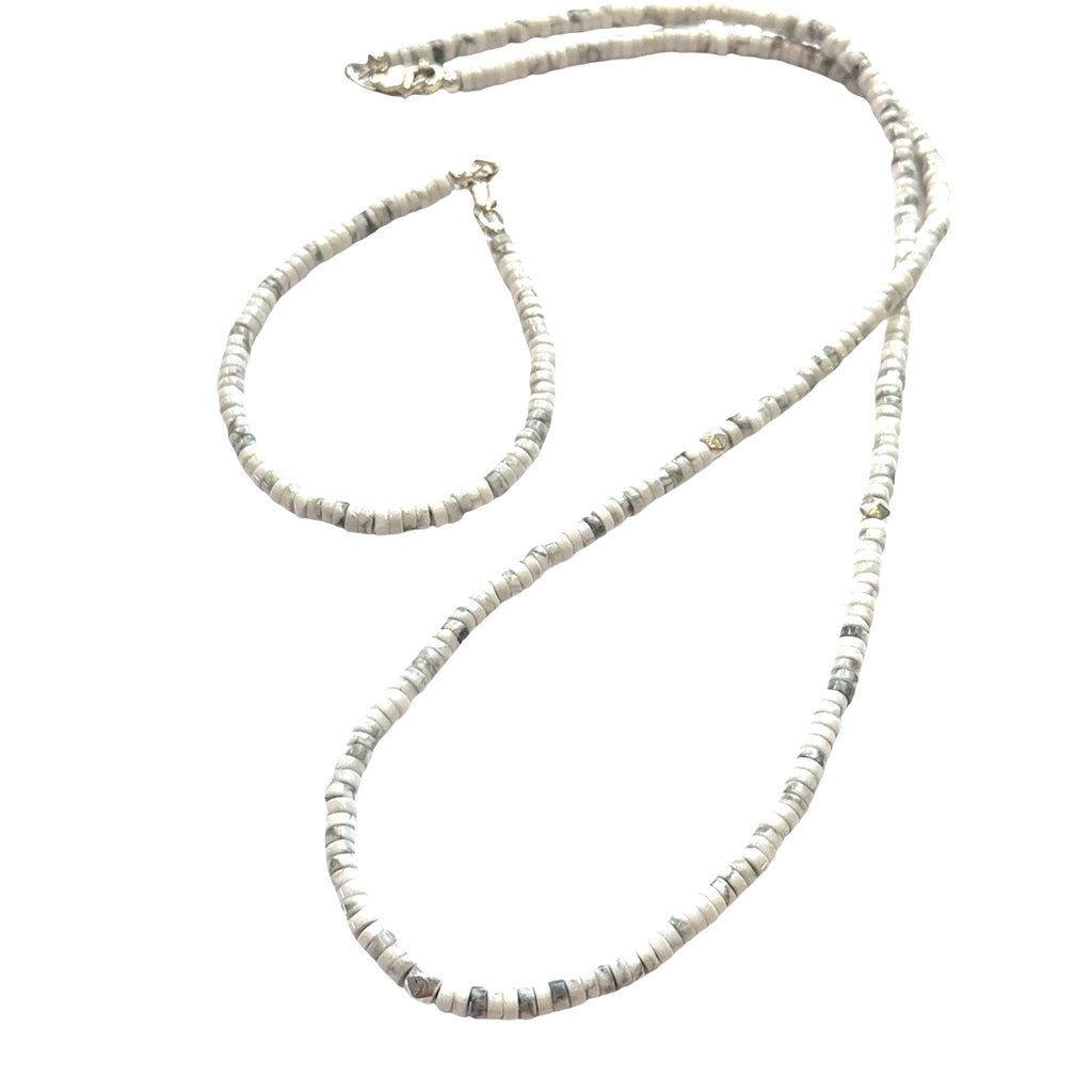 Howlite Gemstone Beaded Necklace with matching bracelet on white front and center overview