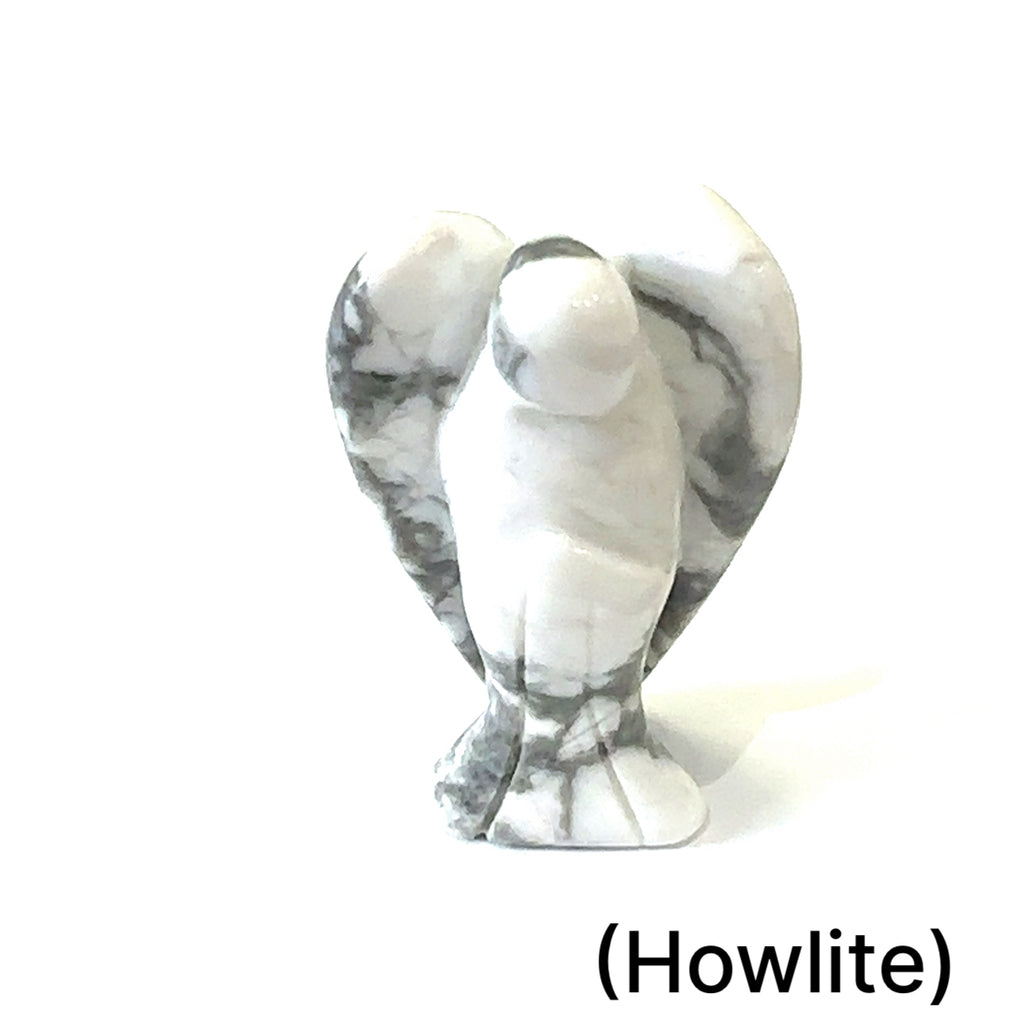 Howlite gemstone angel figurine for calmness, sleep, and meditation  on white front view