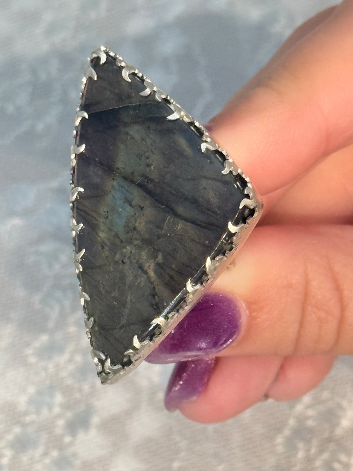 Labradorite Statement Ring Sterling Silver Bezel-Set Cabochon Ring, Size 7.5