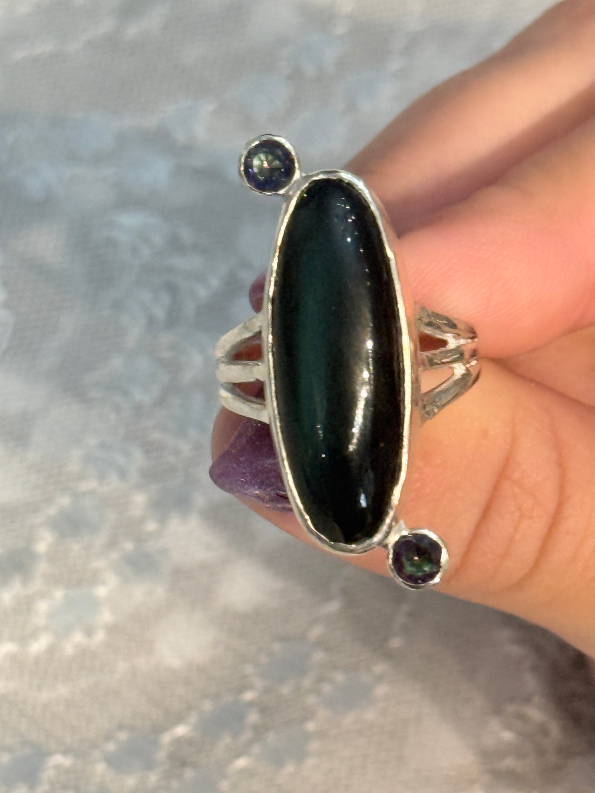 Black Obsidian and Mystic Topaz Sterling Silver Ring Size 7, Split Shank, Bezel-Set Oval Black Obsidian, Tube-Set Mystic Topaz