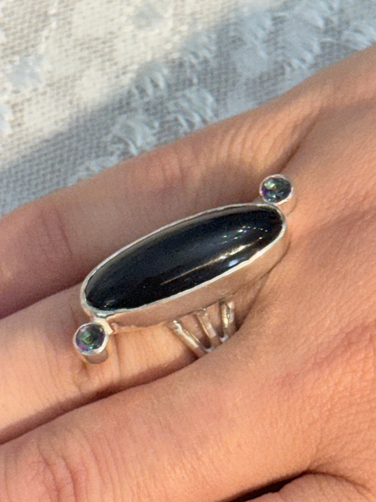 Black Obsidian and Mystic Topaz Sterling Silver Ring Size 7, Split Shank, Bezel-Set Oval Black Obsidian, Tube-Set Mystic Topaz