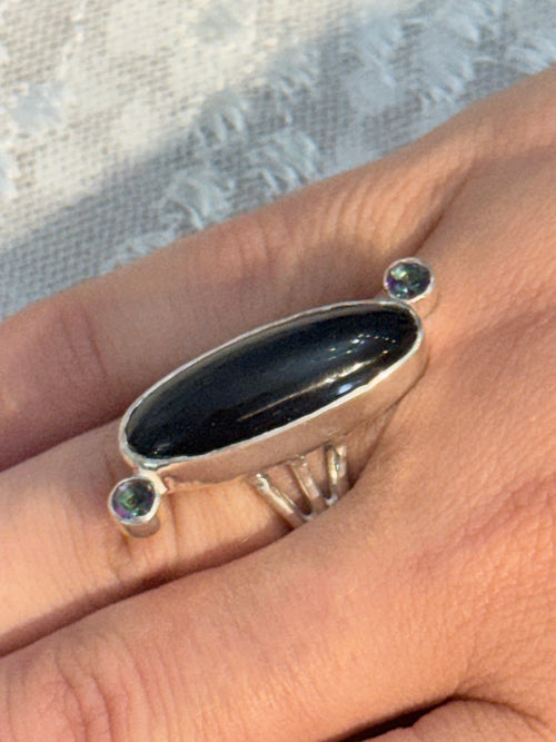 Black Obsidian and Mystic Topaz Sterling Silver Ring Size 7, Split Shank, Bezel-Set Oval Black Obsidian, Tube-Set Mystic Topaz