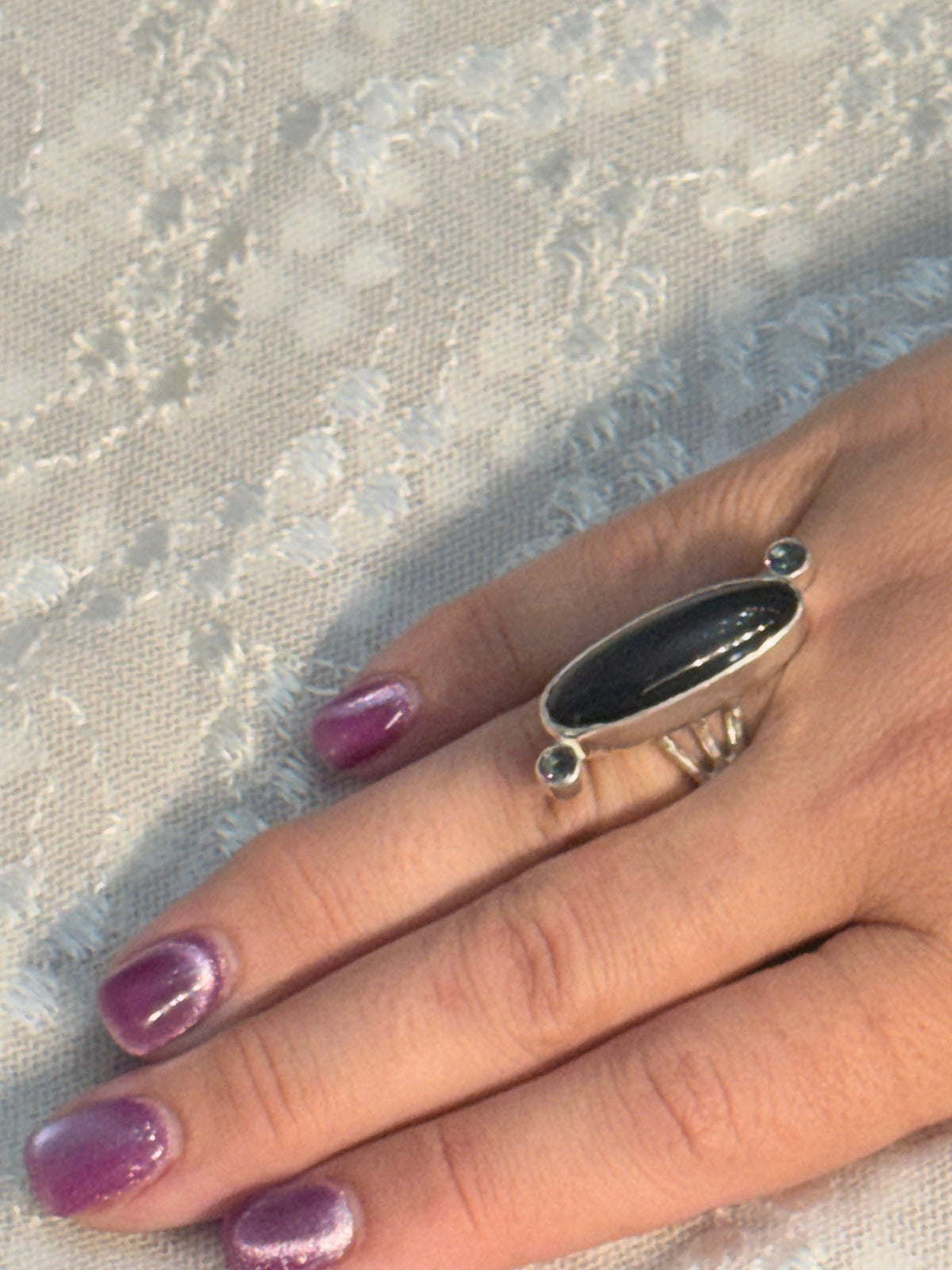 Black Obsidian and Mystic Topaz Sterling Silver Ring Size 7, Split Shank, Bezel-Set Oval Black Obsidian, Tube-Set Mystic Topaz