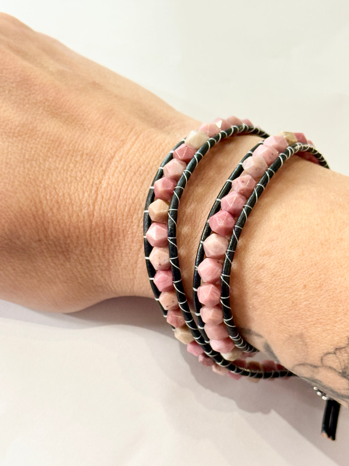 Thulite Gemstone Double Leather Wrap Bracelet | Sterling Silver Sunflower Button | Hidden Jewel of the South End
