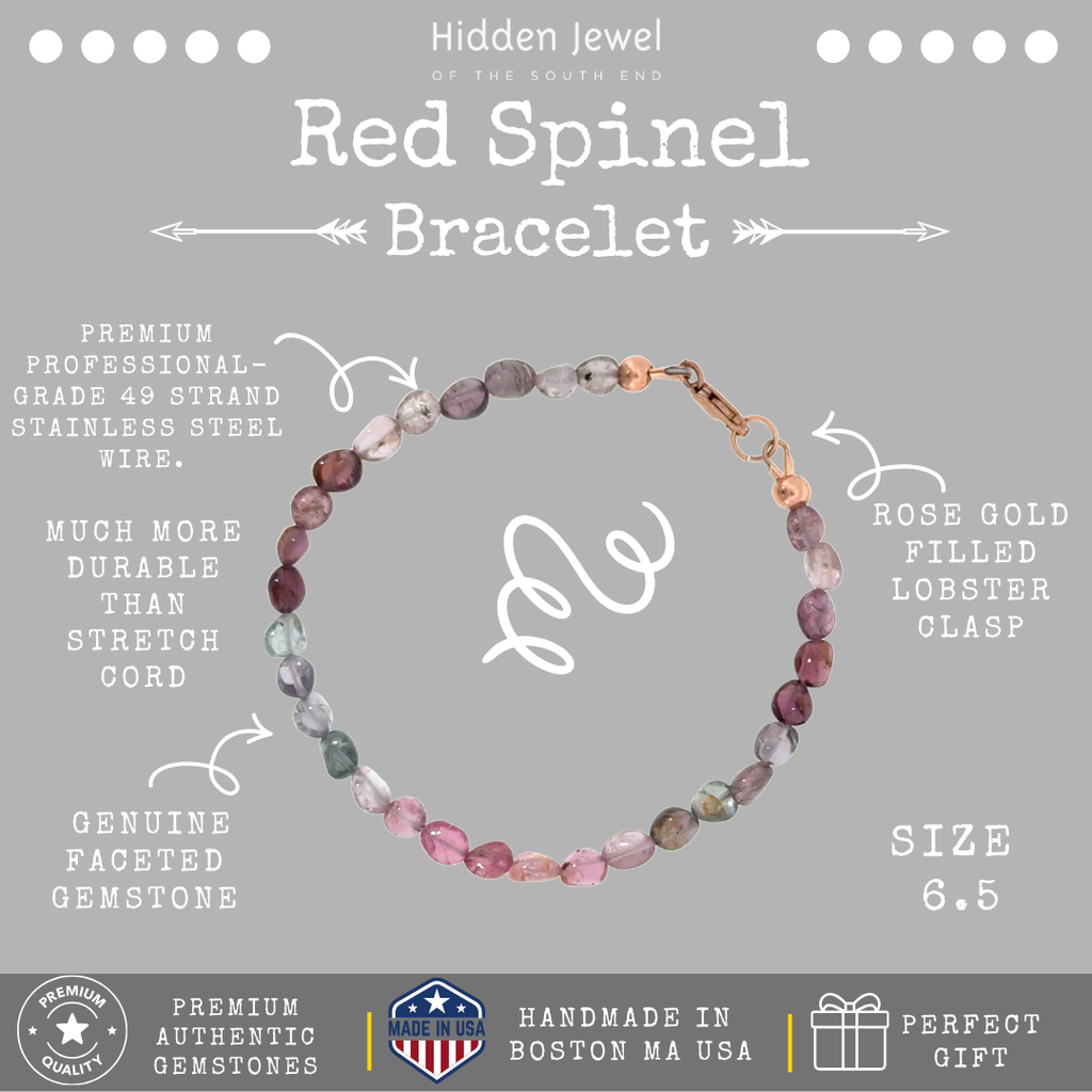 Multi Red Spinel gemstone bracelet 6.5'' rose gold-filled lobster claw