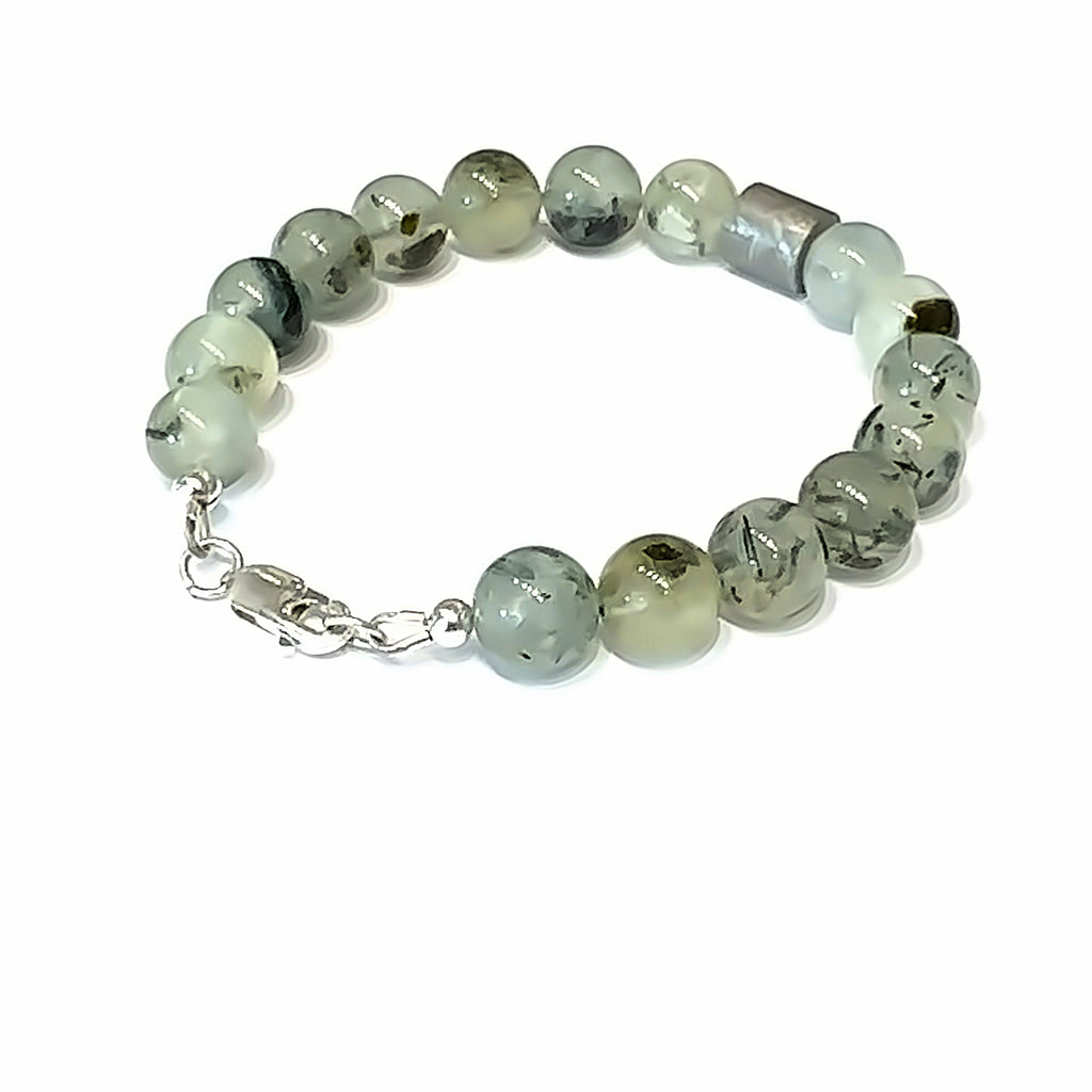 Iron Meteorite & Prehnite Bracelet on white back angle view