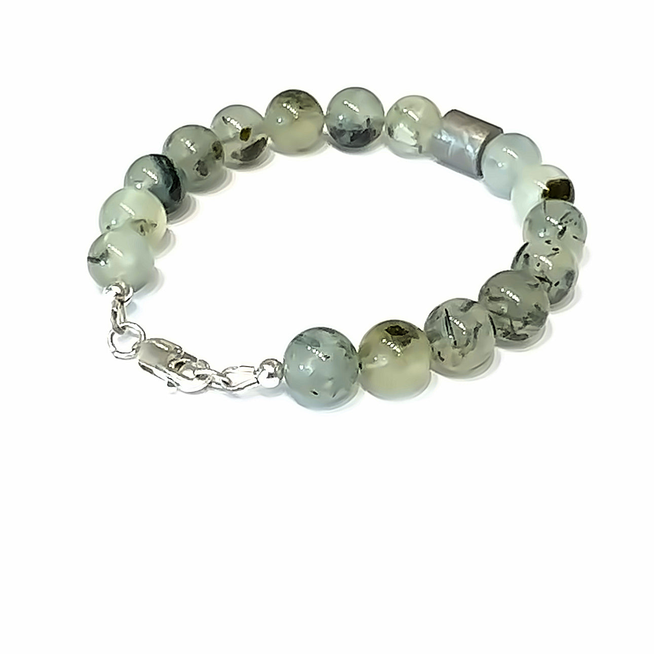 Iron Meteorite & Prehnite Bracelet on white back angle view