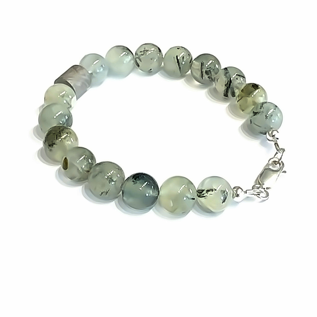 Iron Meteorite & Prehnite Bracelet on white back right angle view